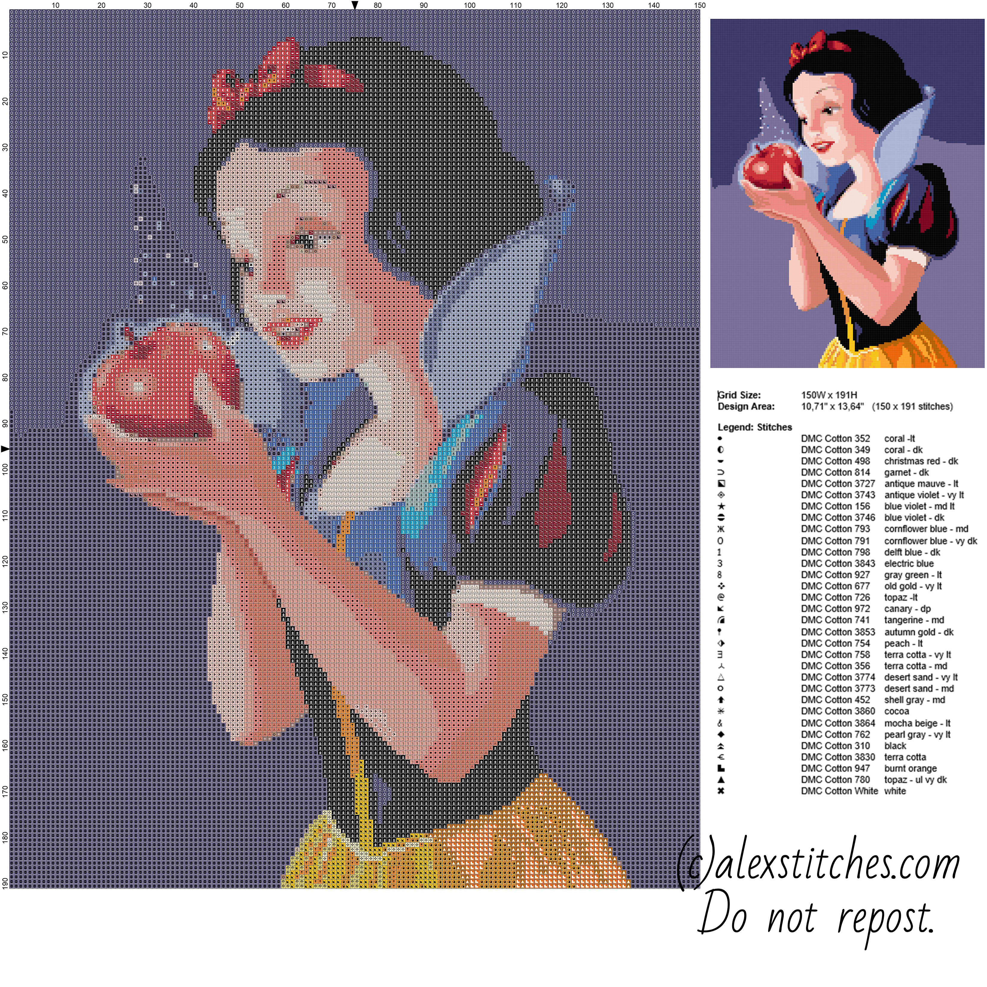 Beautiful Disney Princess Snow White with red apple free cross stitch pattern