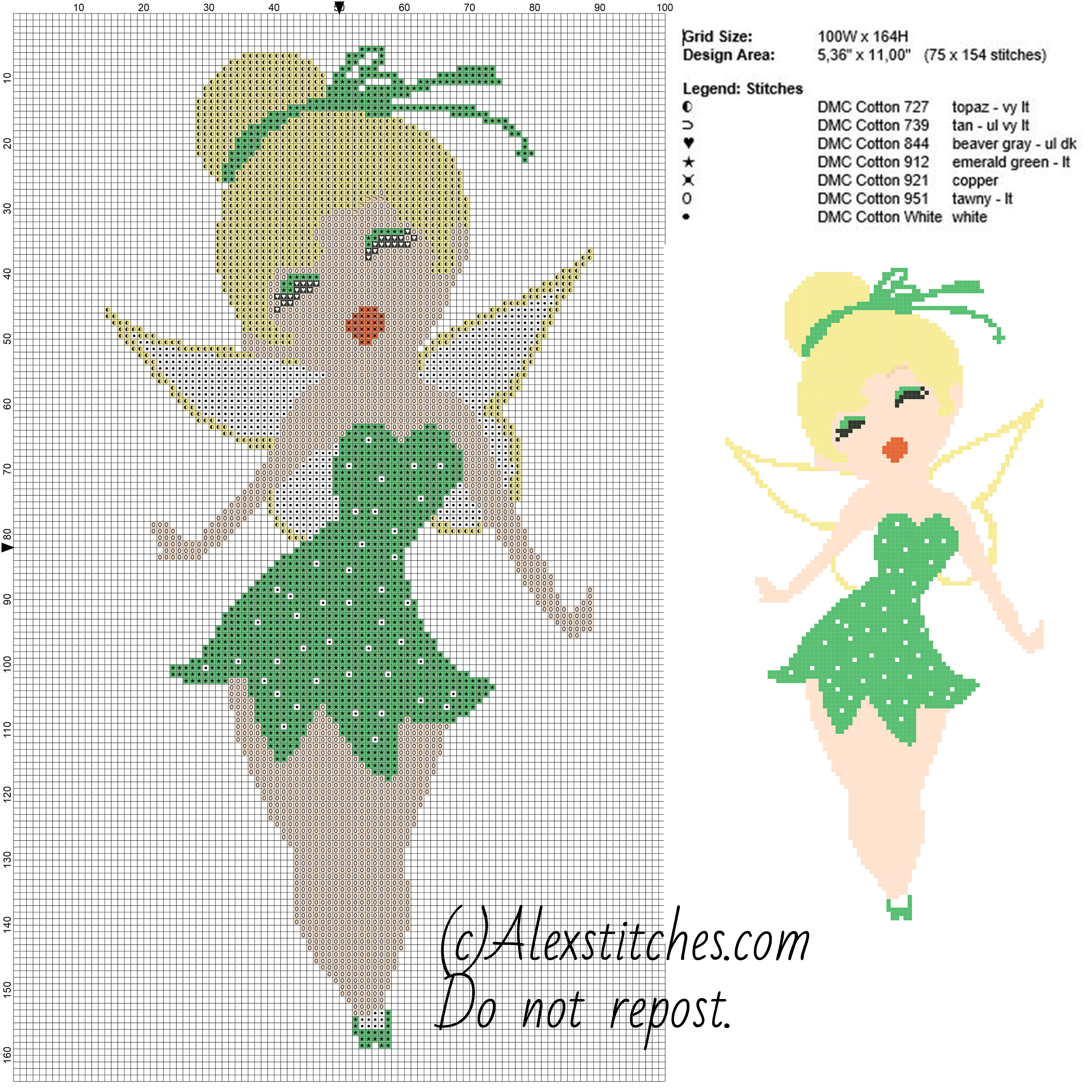 Beautiful Thinkerbell Peter Pan’ s fairy free cross stitch pattern disney 100x164 7 colors