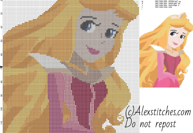 Beautiful princess disney Aurora cross stitch pattern 100x140 15 colors