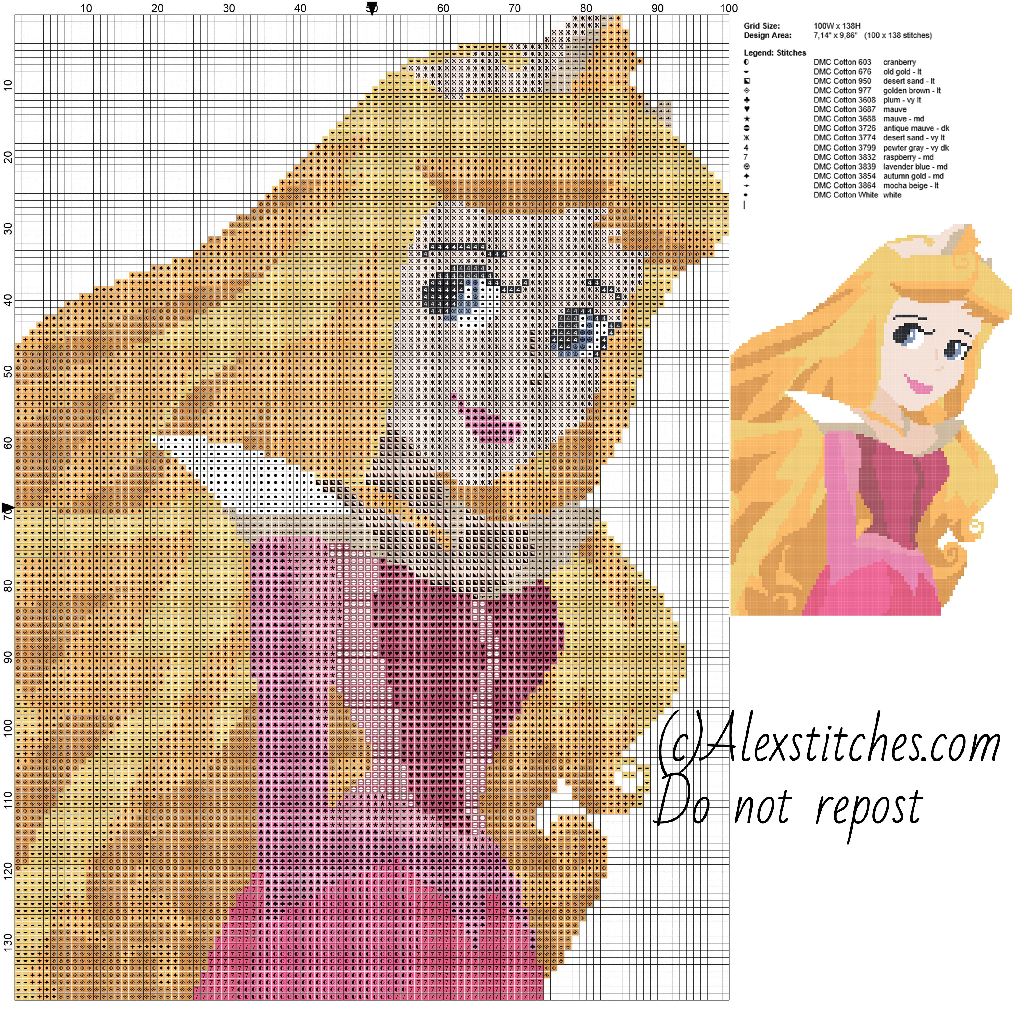 Beautiful princess disney Aurora cross stitch pattern 100x140 15 colors