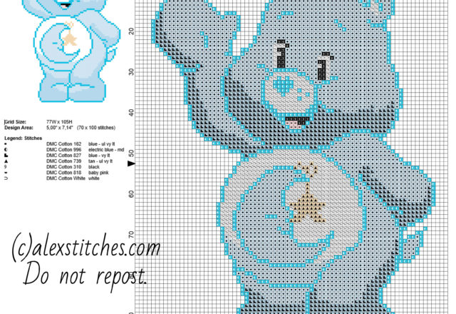 Bedtime Bear one of the original Care Bears free cross stitch pattern 70 x 100 stitches 7 DMC threads