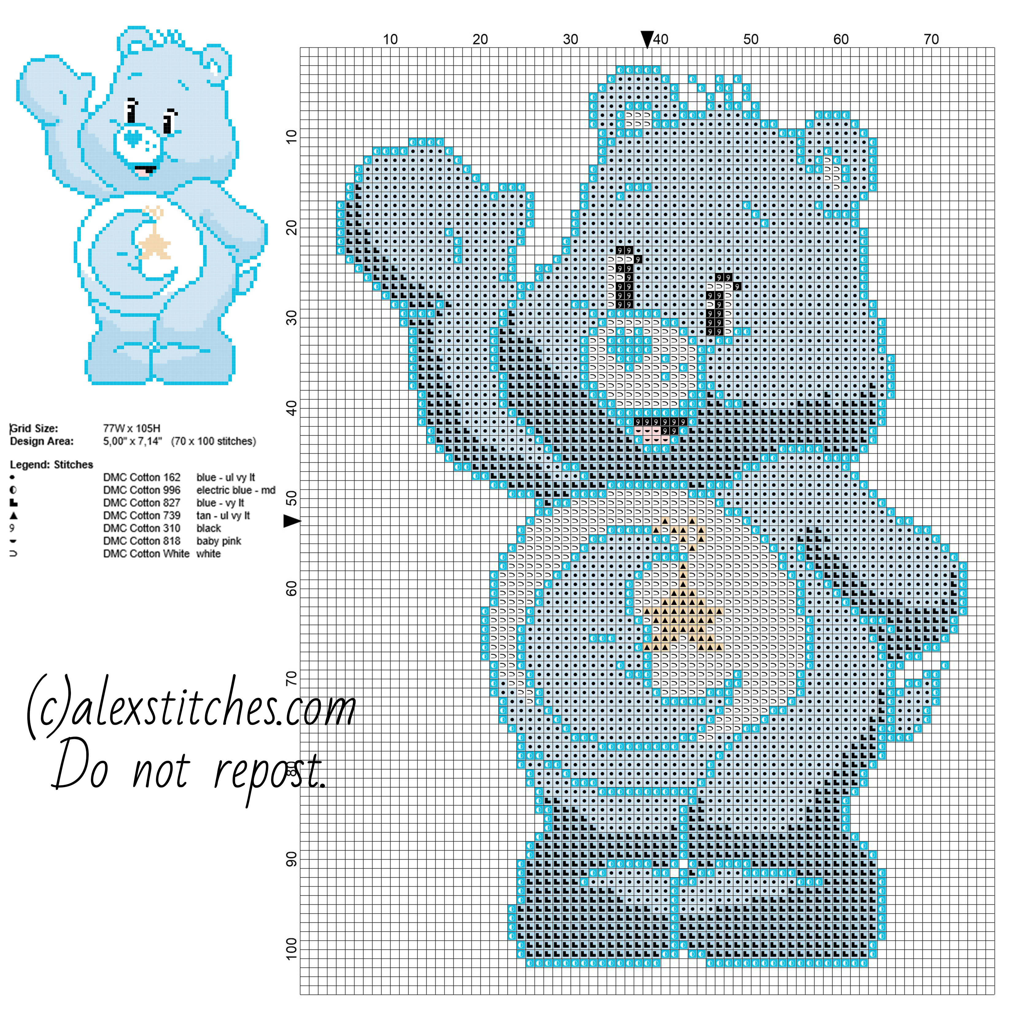 Bedtime Bear one of the original Care Bears free cross stitch pattern 70 x 100 stitches 7 DMC threads