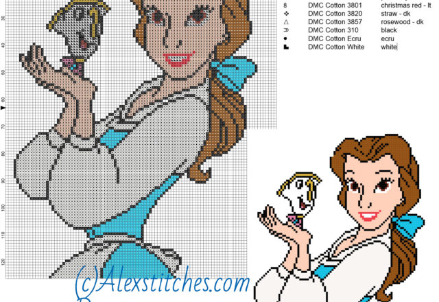 Belle and Chip free cross stitch pattern Disney 100x126 10 colors