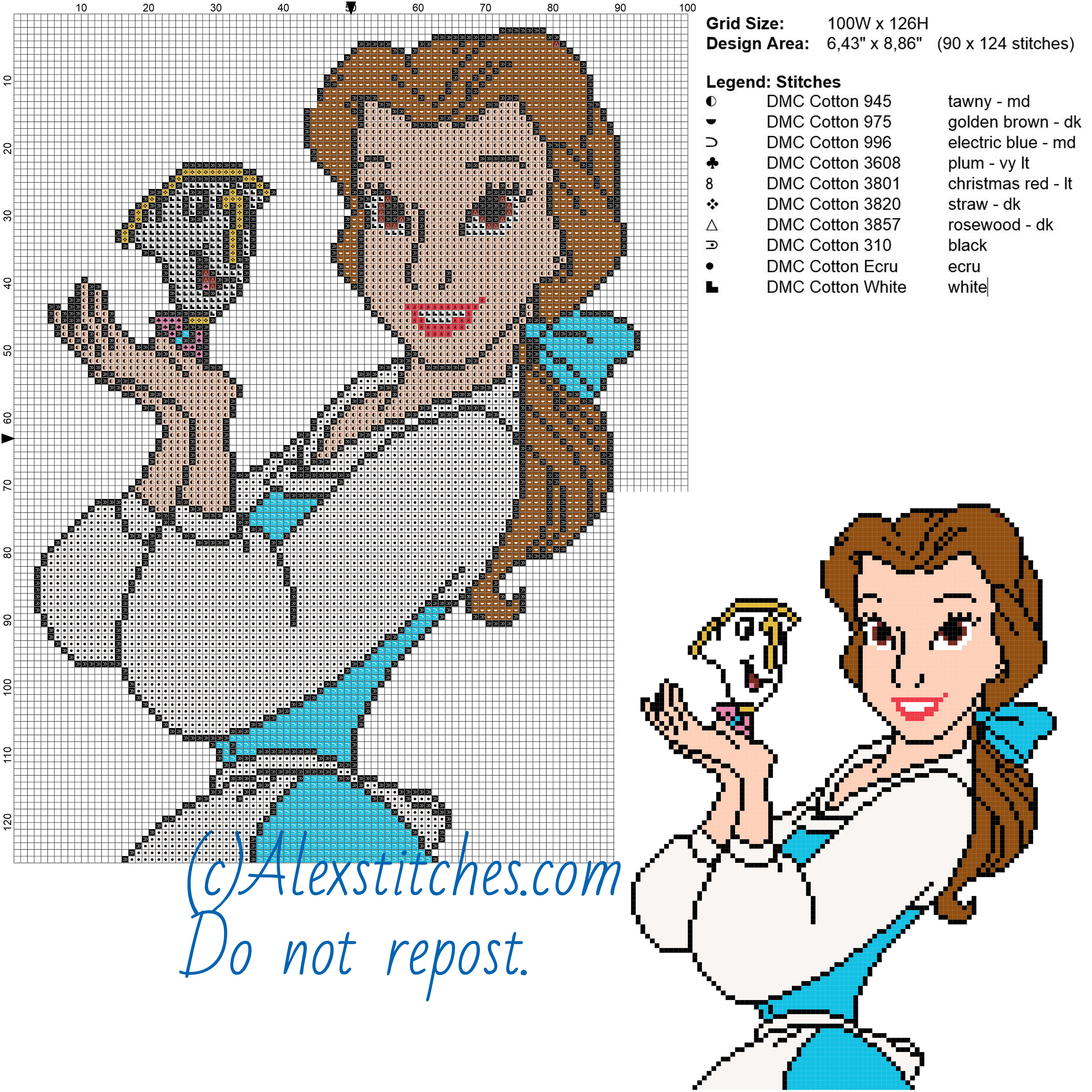 Belle and Chip free cross stitch pattern Disney 100x126 10 colors