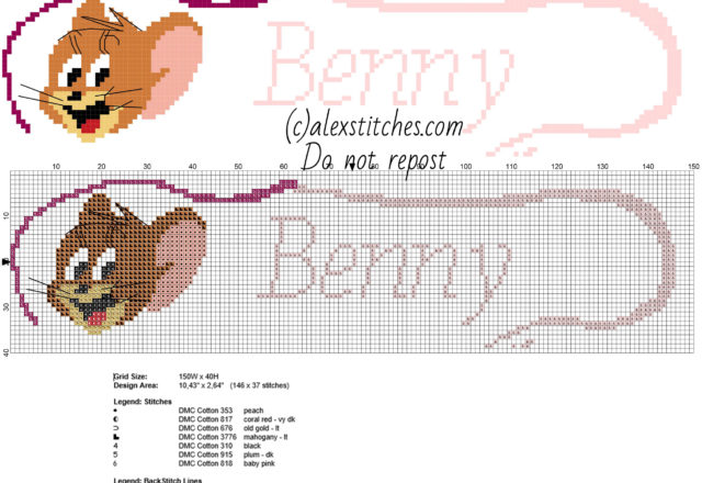 Benny cross stitch baby name with Jerry The Mouse