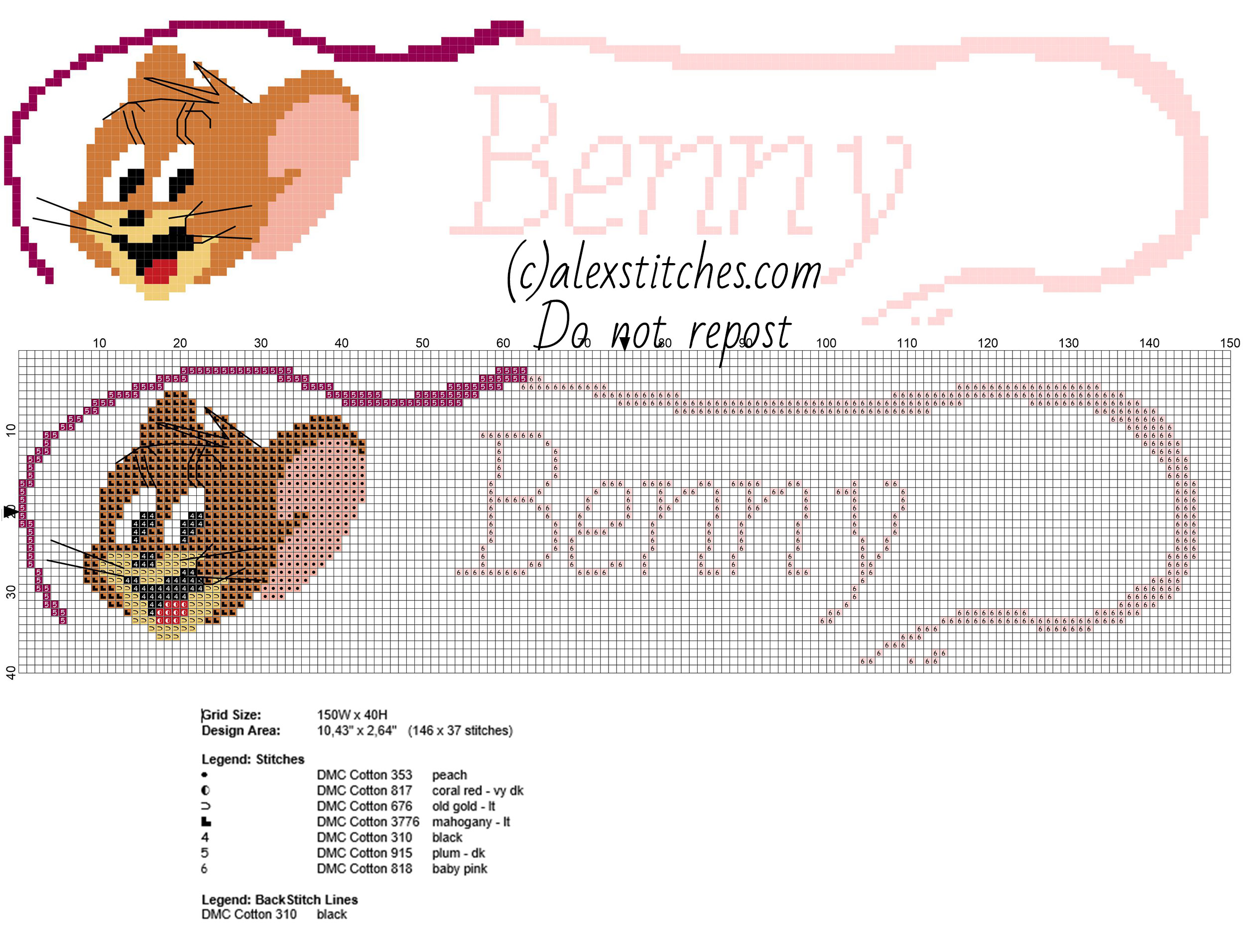 Benny cross stitch baby name with Jerry The Mouse