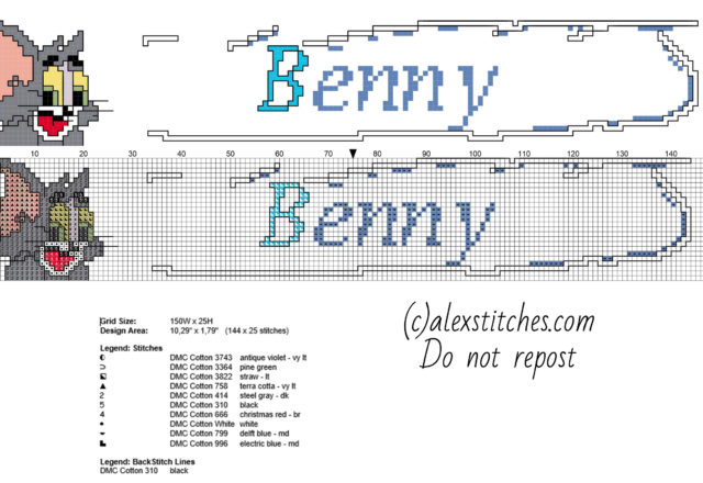 Benny cross stitch baby name with Tom The Cat