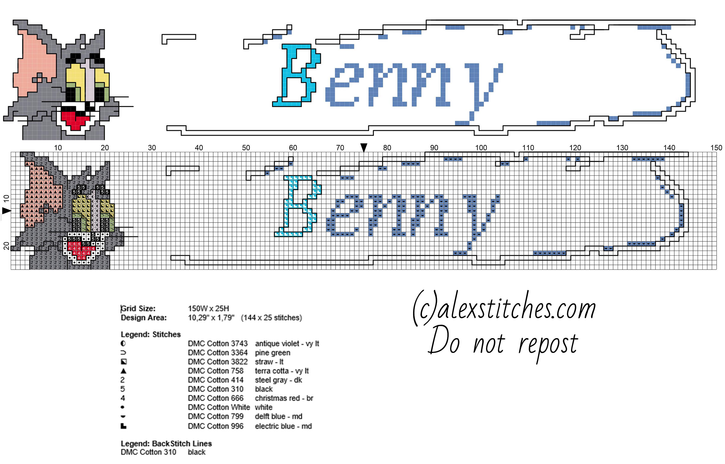 Benny cross stitch baby name with Tom The Cat