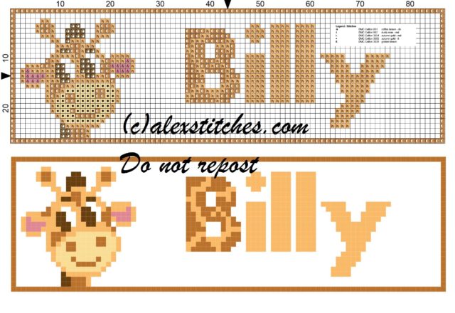 Billy name with giraffe cross stitch pattern