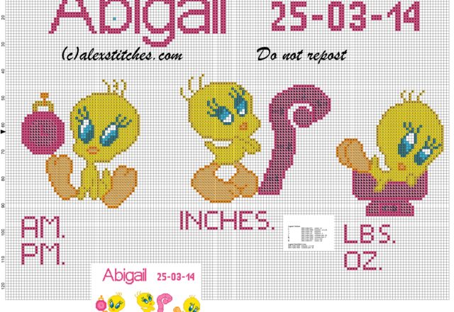 Birth records girl with Tweety Bird cross stitch pattern