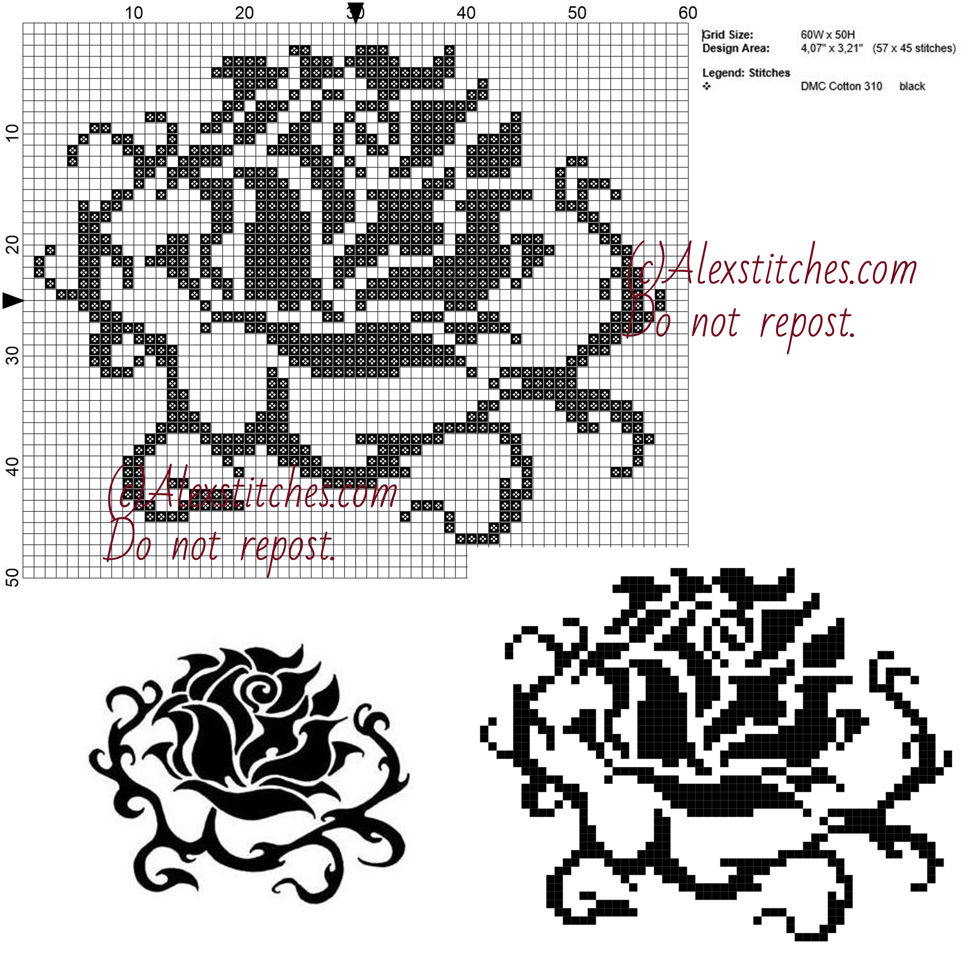 Black Rose free cross stitch pattern 60x50 1 color