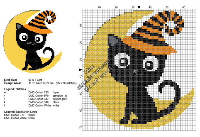 Black cat on the moon free Halloween cross stitch pattern 65x70