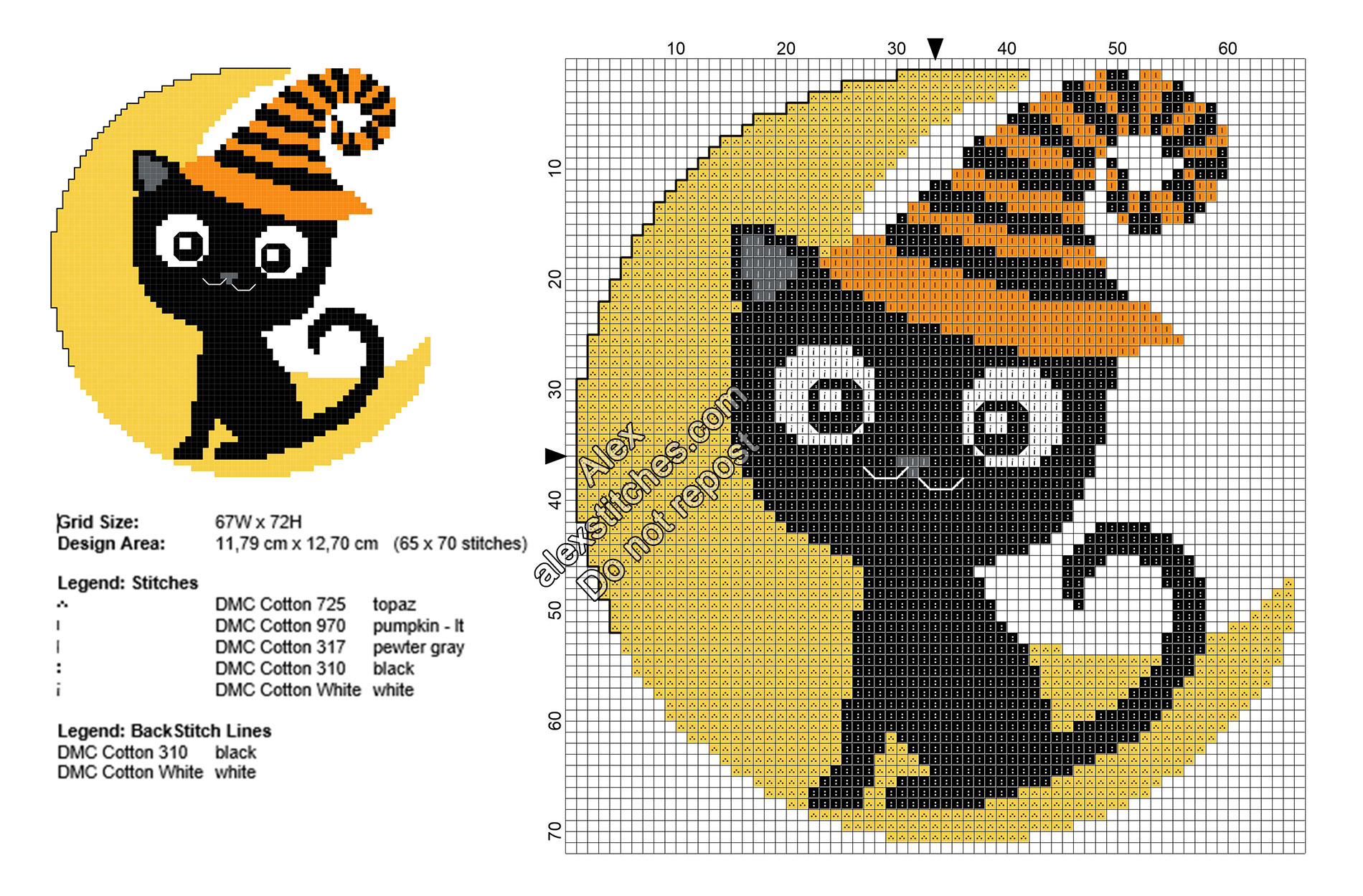 Black cat on the moon free Halloween cross stitch pattern 65x70