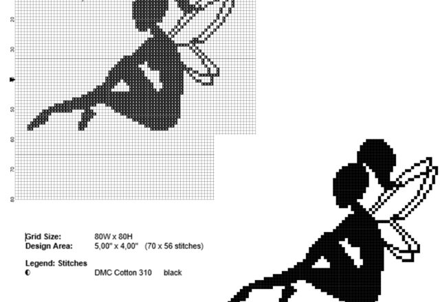 Black monochrome fairy sitting free cross stitch pattern 70 x 56 stitches