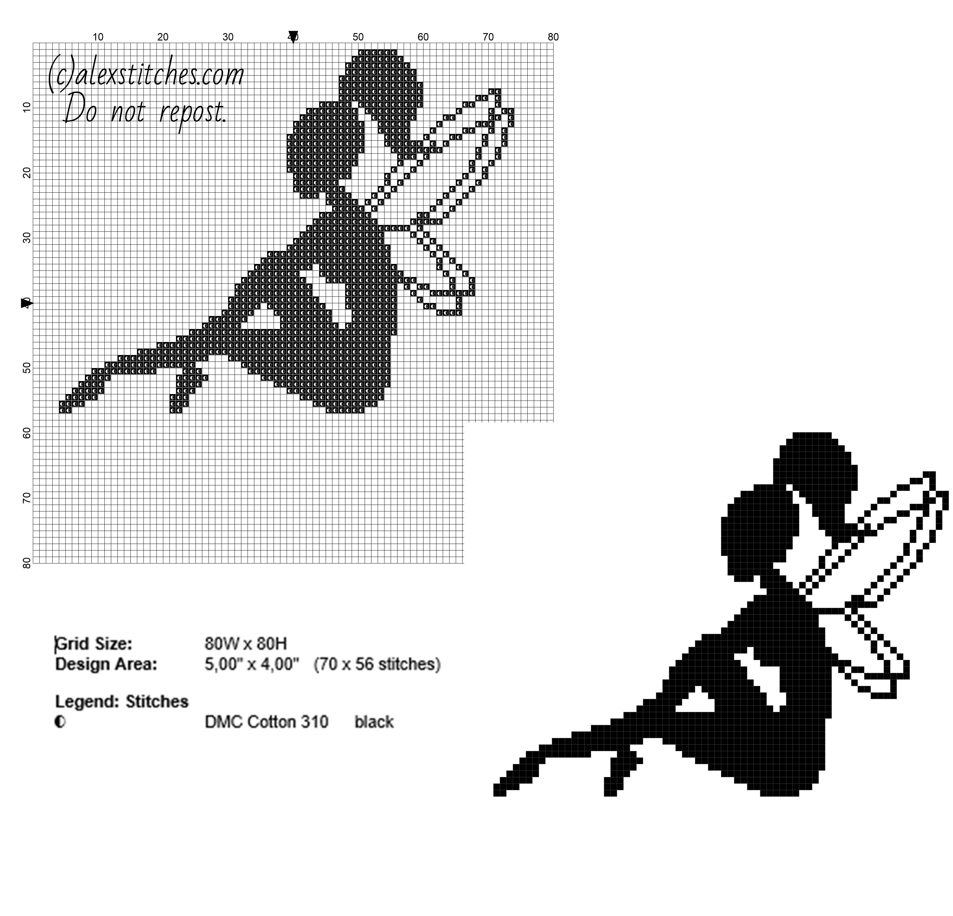 Black monochrome fairy sitting free cross stitch pattern 70 x 56 stitches