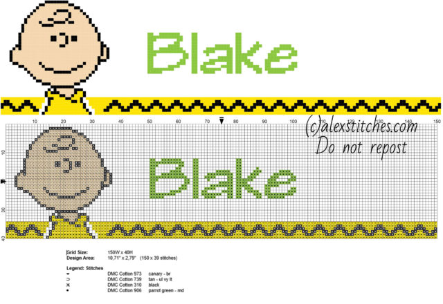 Blake cross stitch baby male name with Peanuts Charlie Brown