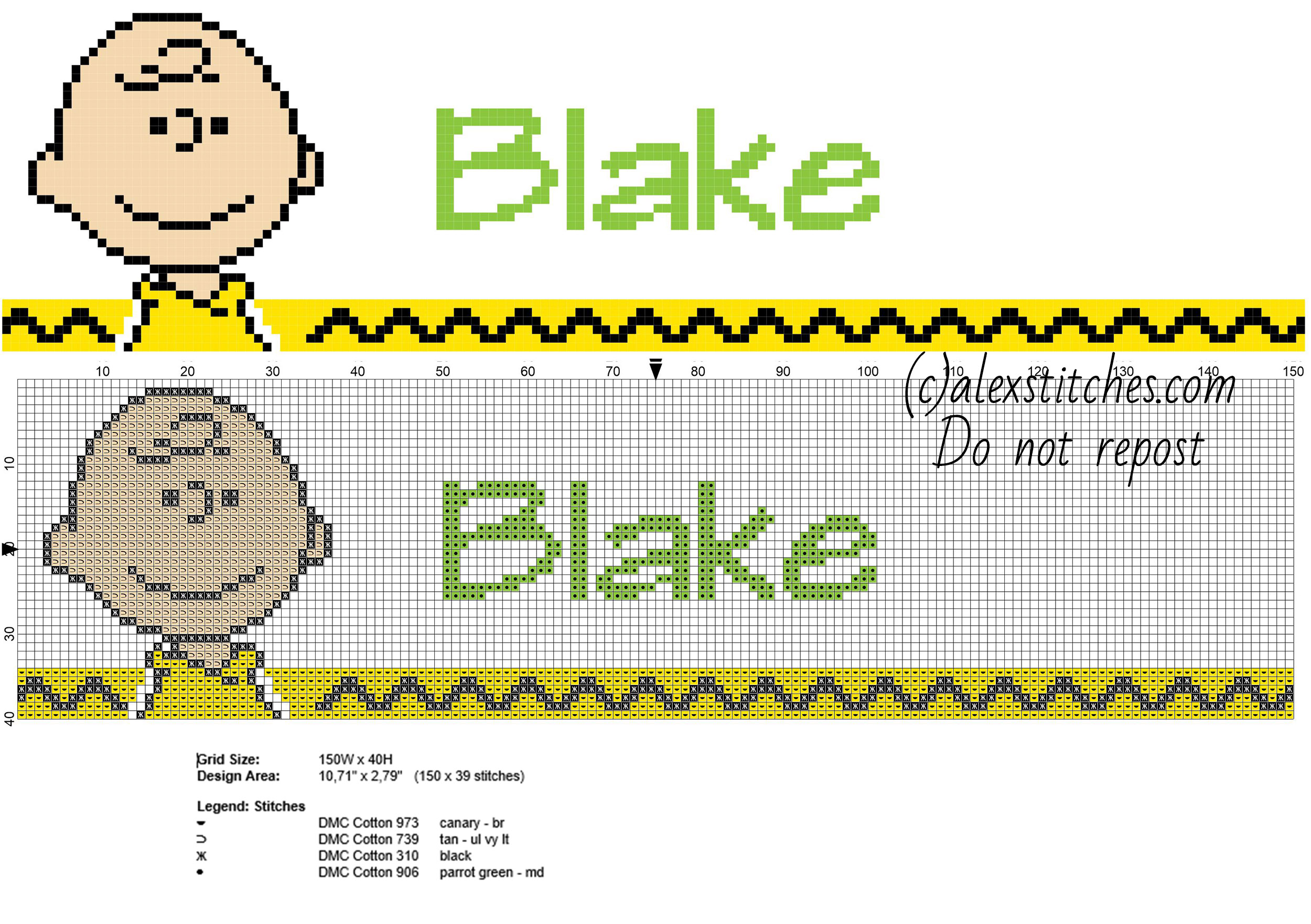 Blake cross stitch baby male name with Peanuts Charlie Brown