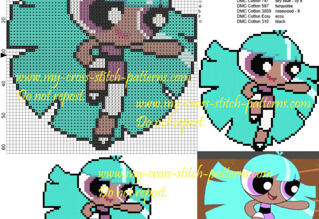 Bliss Powerpuff cross stitch pattern 60x62 9 colors