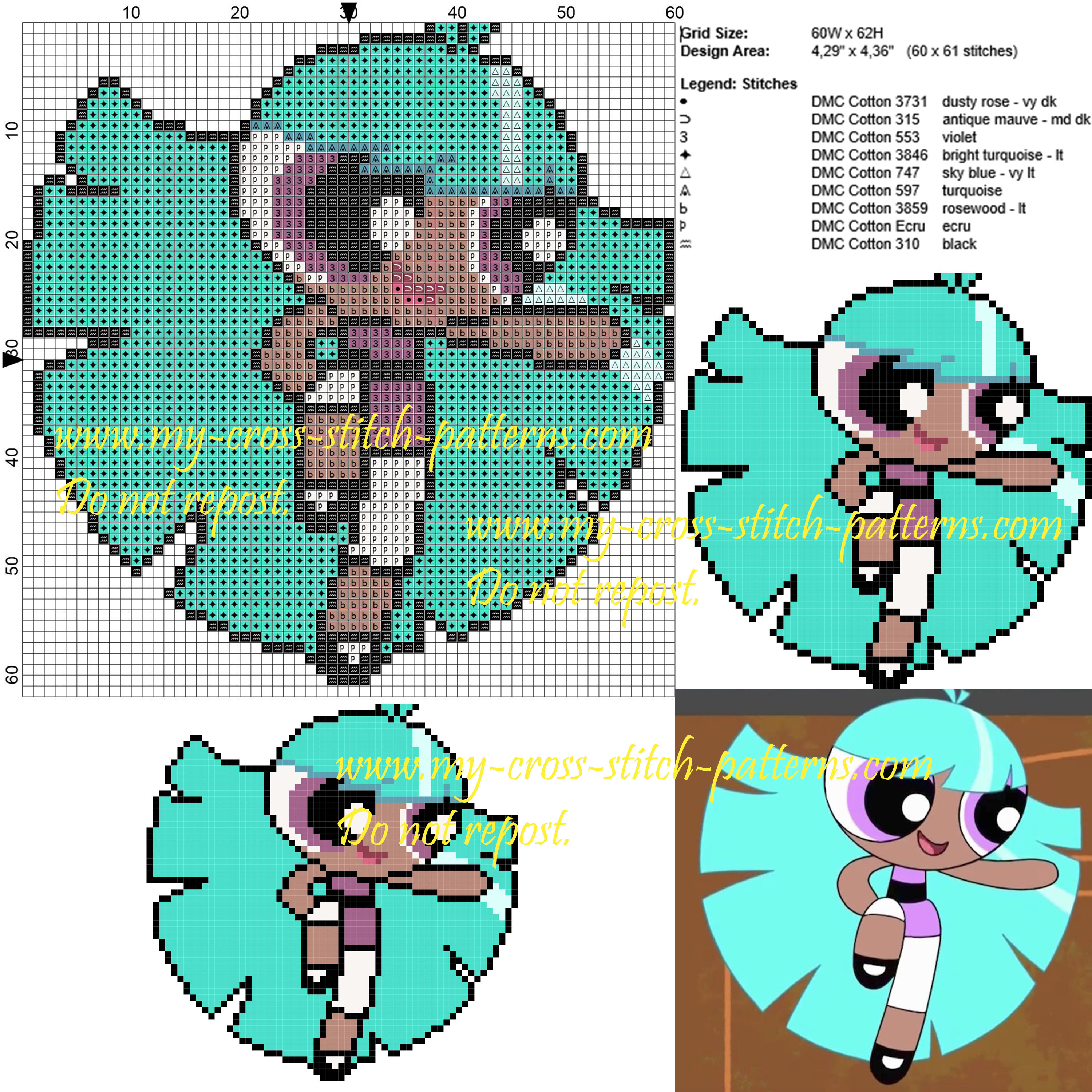 Bliss Powerpuff cross stitch pattern 60x62 9 colors