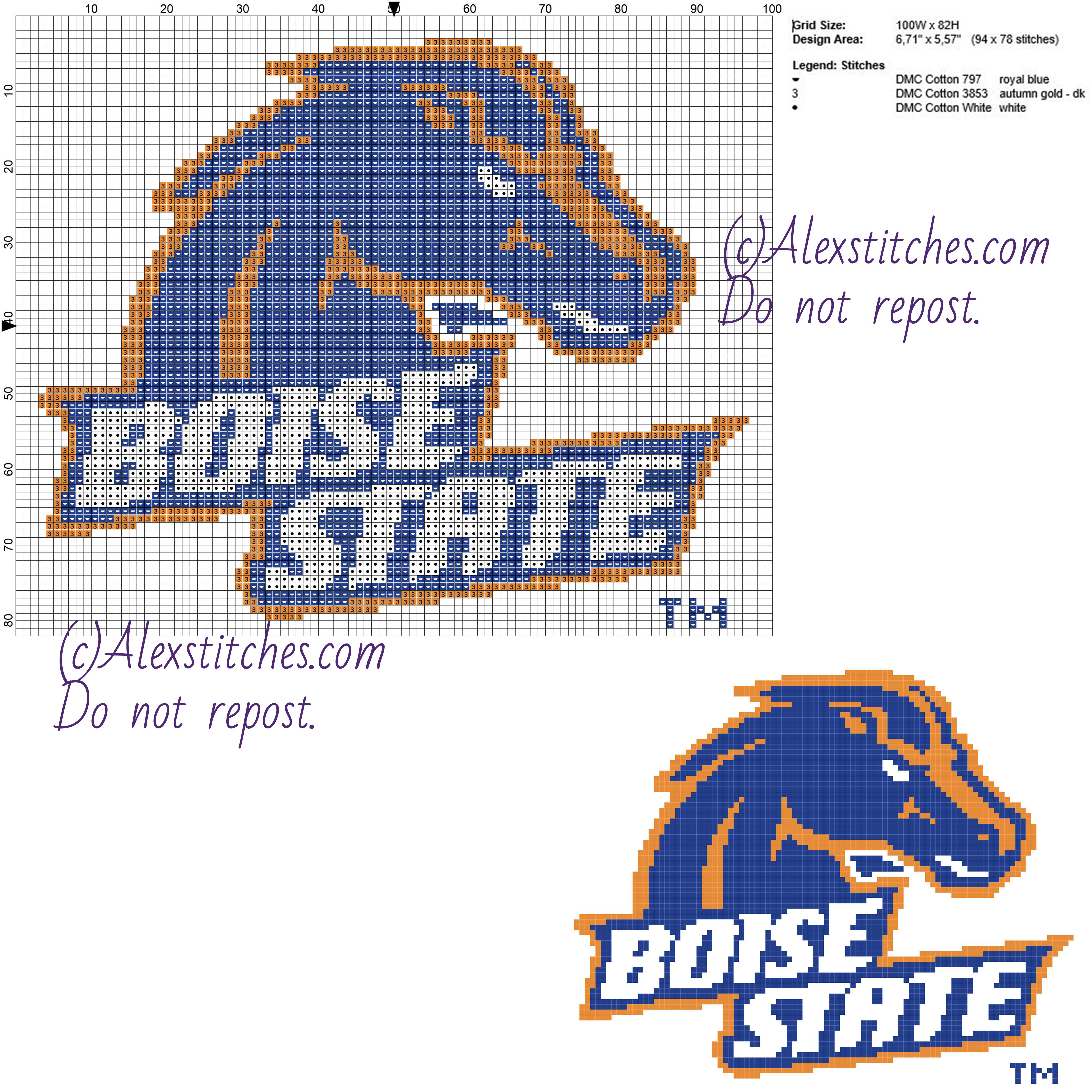 Boise State free logo cross stitch pattern 100x82 3 colors