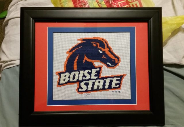 Boise State logo cross stitch finished work photo Author Facebook Fan Carrie Renae Uetz 2