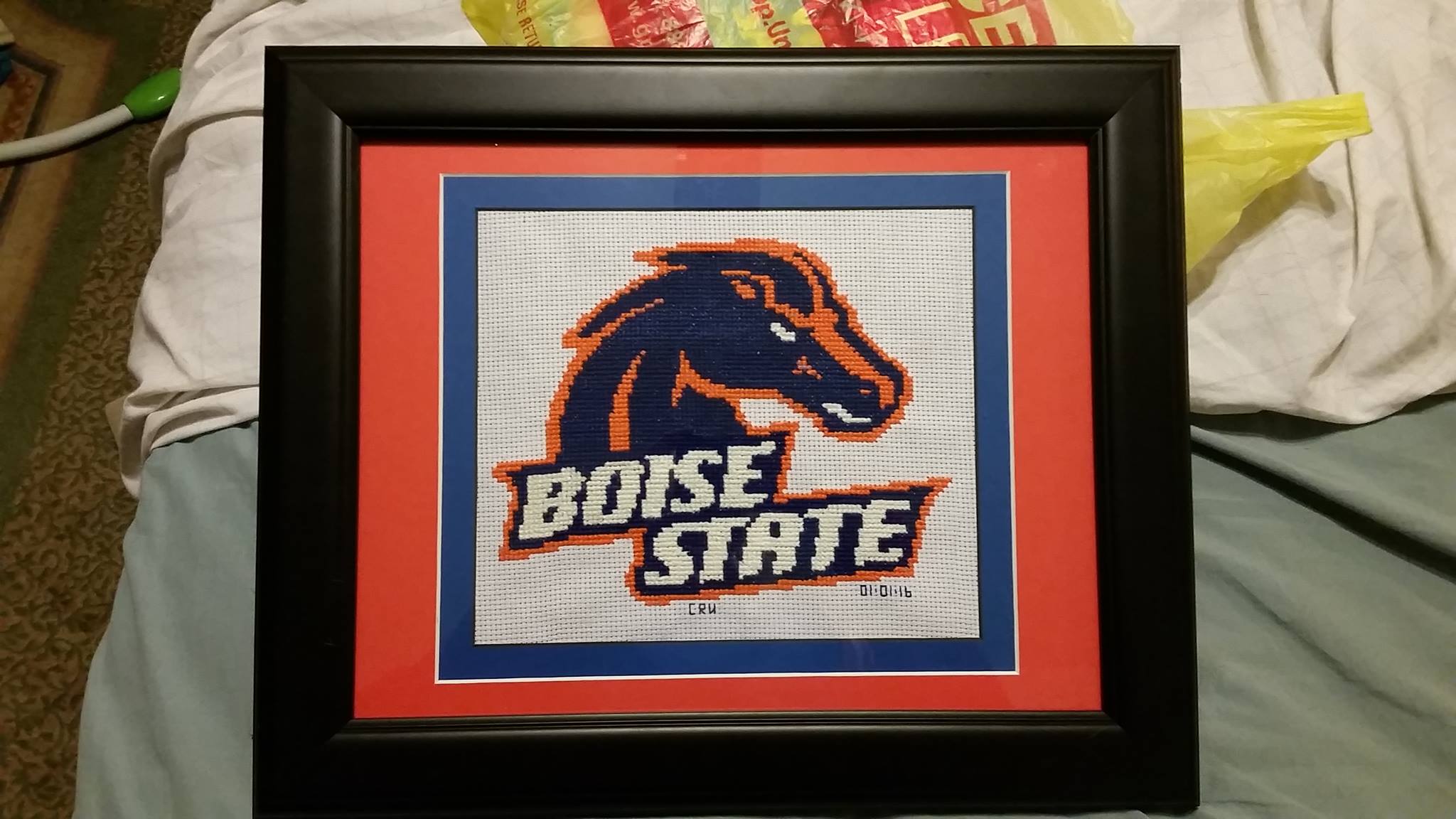 Boise State logo cross stitch finished work photo Author Facebook Fan Carrie Renae Uetz 2