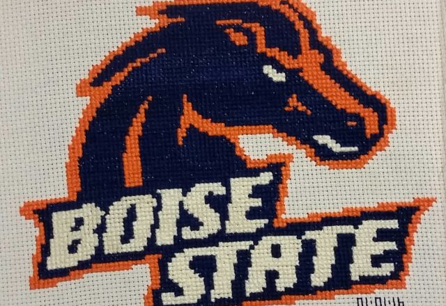 Boise State logo cross stitch finished work photo Author Facebook Fan Carrie Renae Uetz