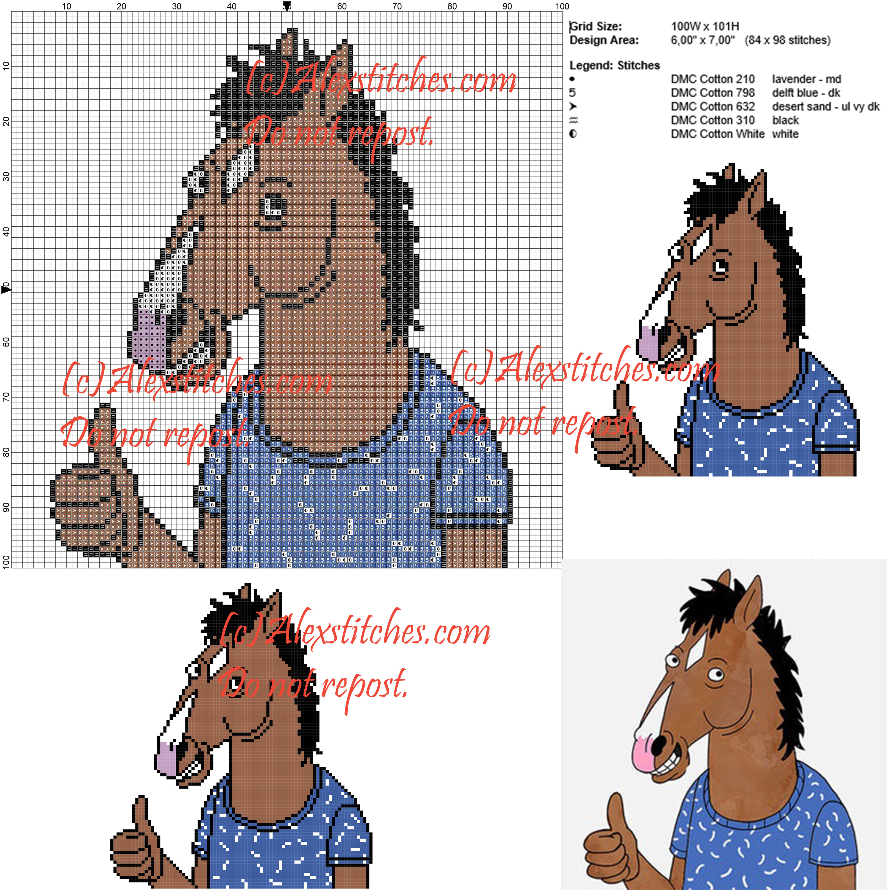 Bojack Horse cross stitch pattern 100x101 5 colors