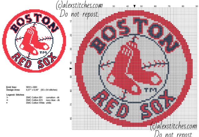 Boston Red Sox Team MLB Major League Baseball logo free cross stitch pattern 85 x 84 3 colors