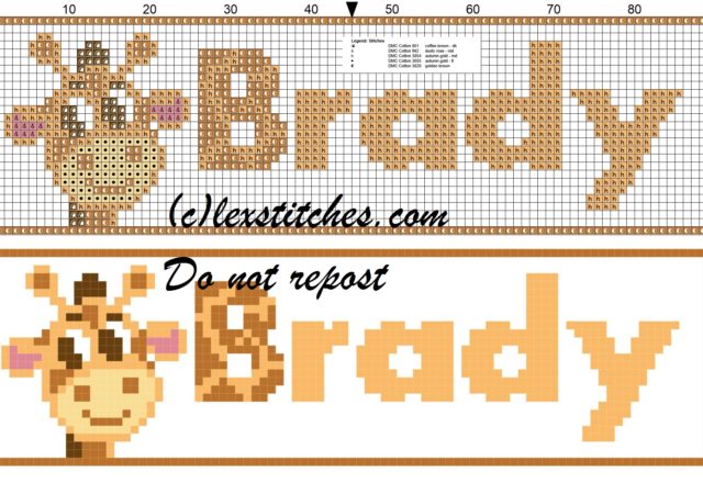 Brady name with giraffe cross stitch pattern