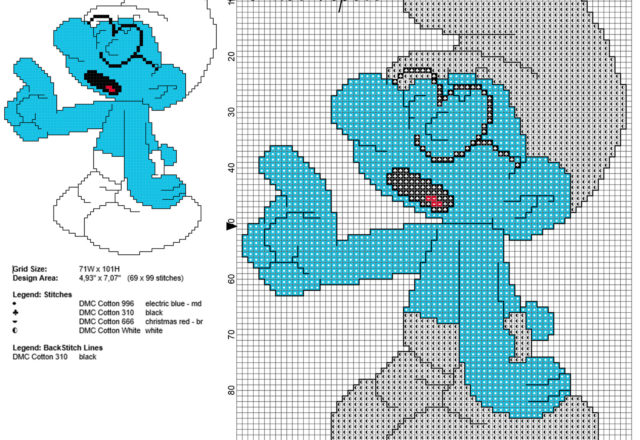 Brainy Smurf from cartoon The Smurfs back stitch free cross stitch pattern