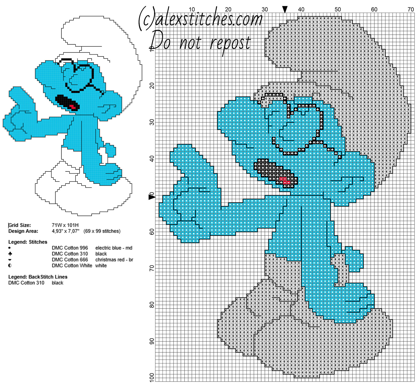 Brainy Smurf from cartoon The Smurfs back stitch free cross stitch pattern
