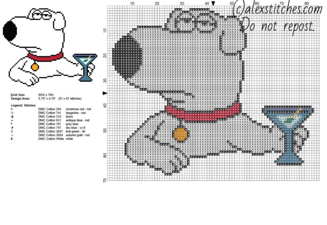 Brian Griffin Family Guy cartoon character free cross stitch pattern