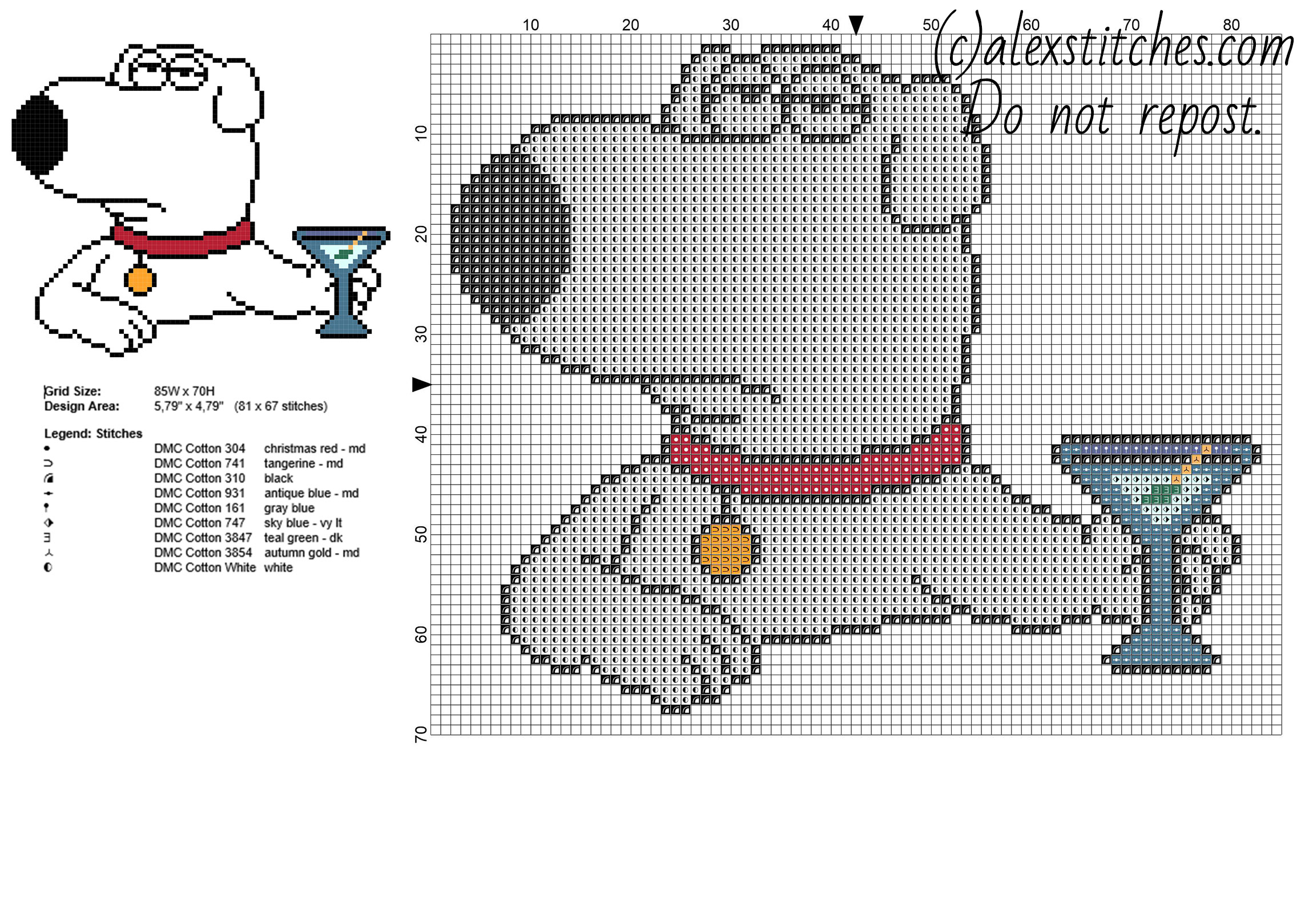 Brian Griffin Family Guy cartoon character free cross stitch pattern
