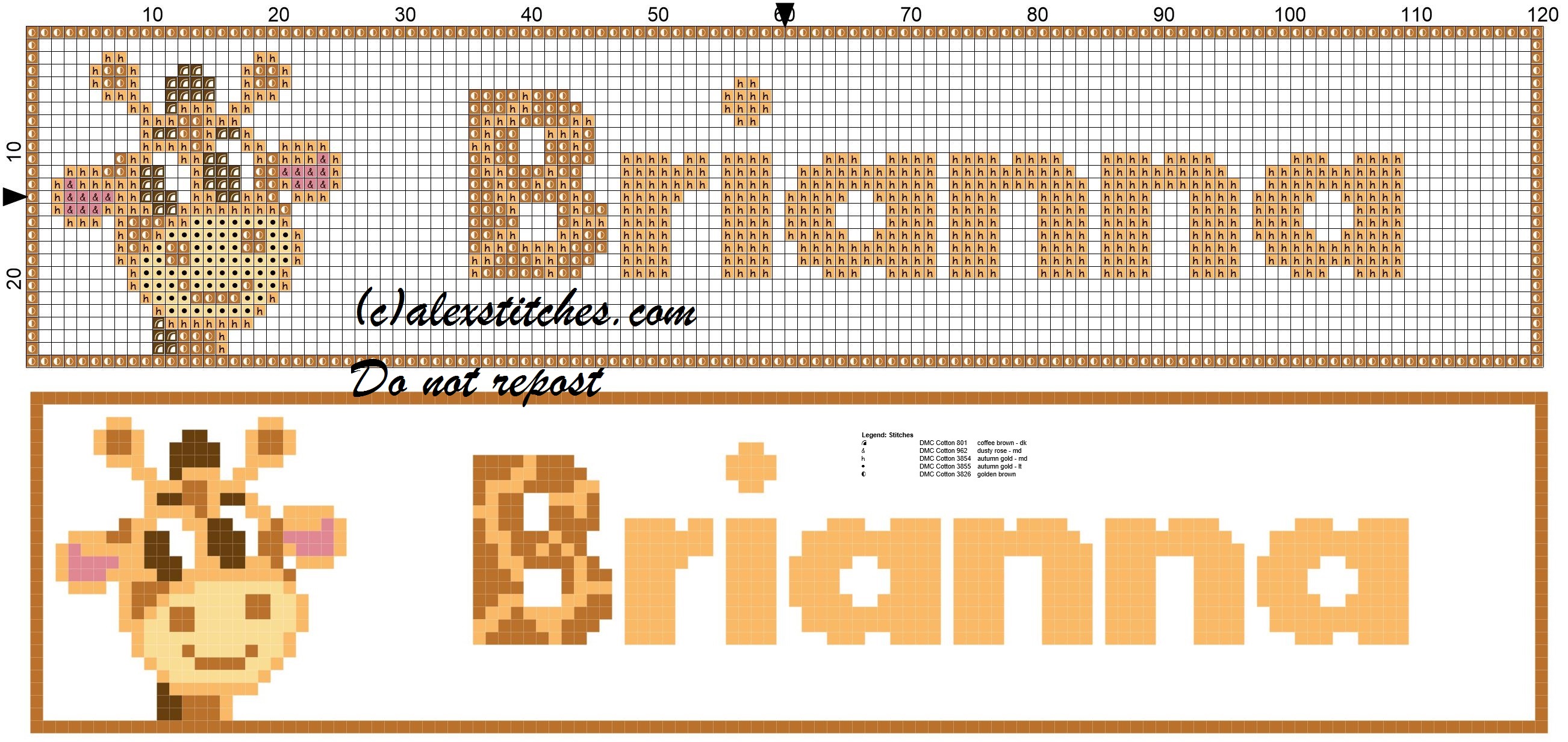 Brianna name with giraffe cross stitch pattern