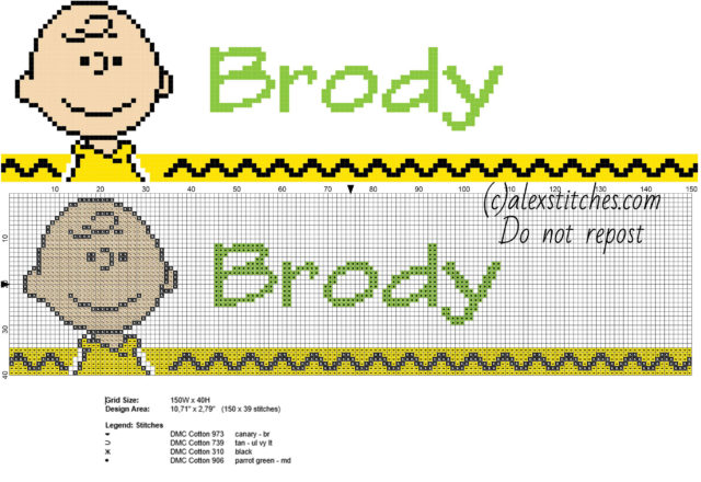 Brody cross stitch baby male name with Peanuts Charlie Brown