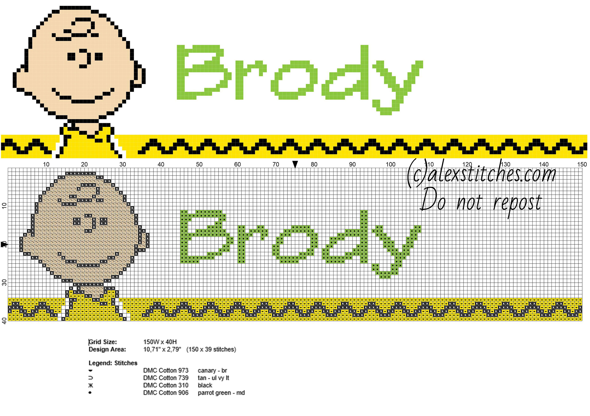 Brody cross stitch baby male name with Peanuts Charlie Brown