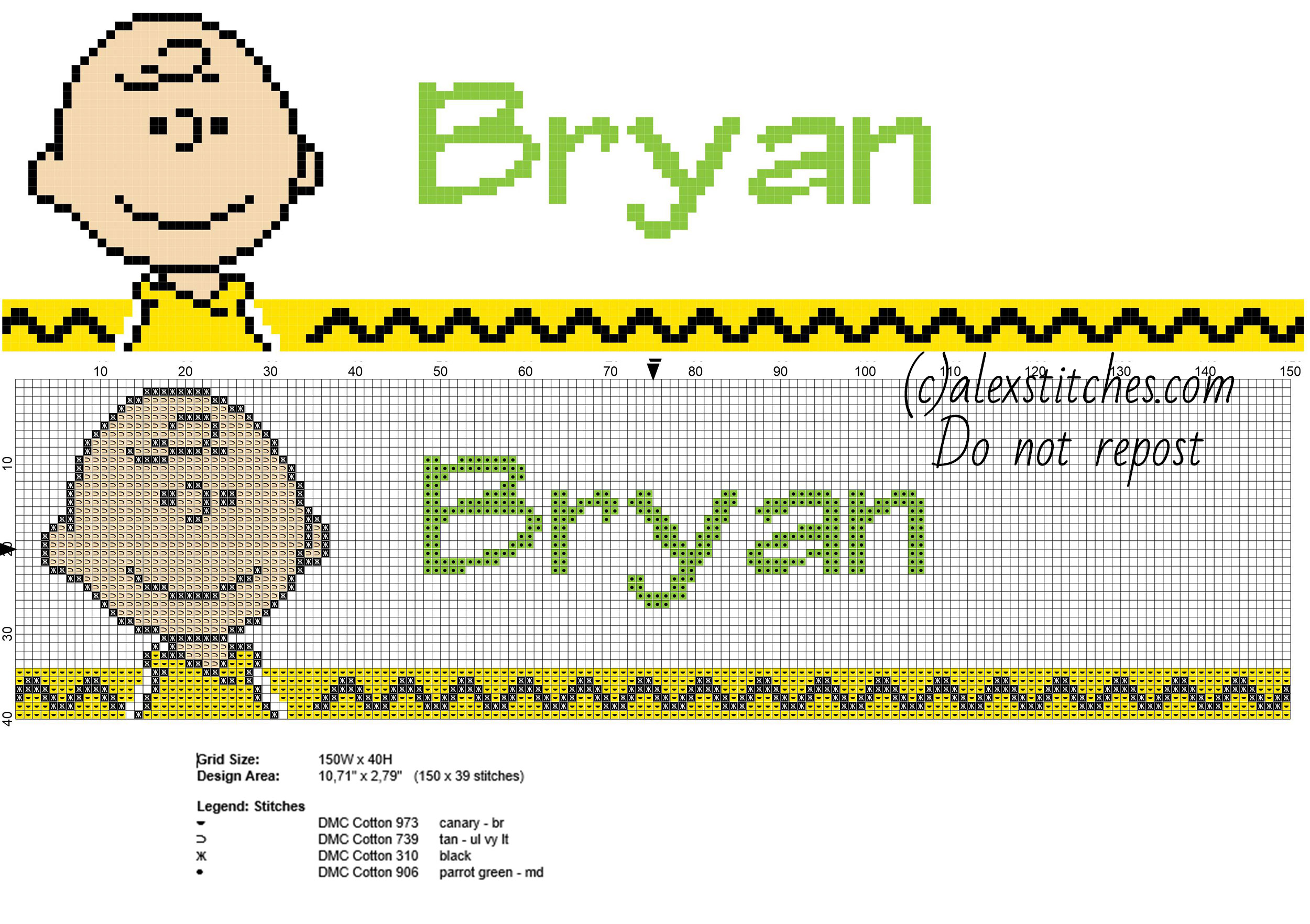 Bryan cross stitch baby male name with Charlie Brown Peanuts character