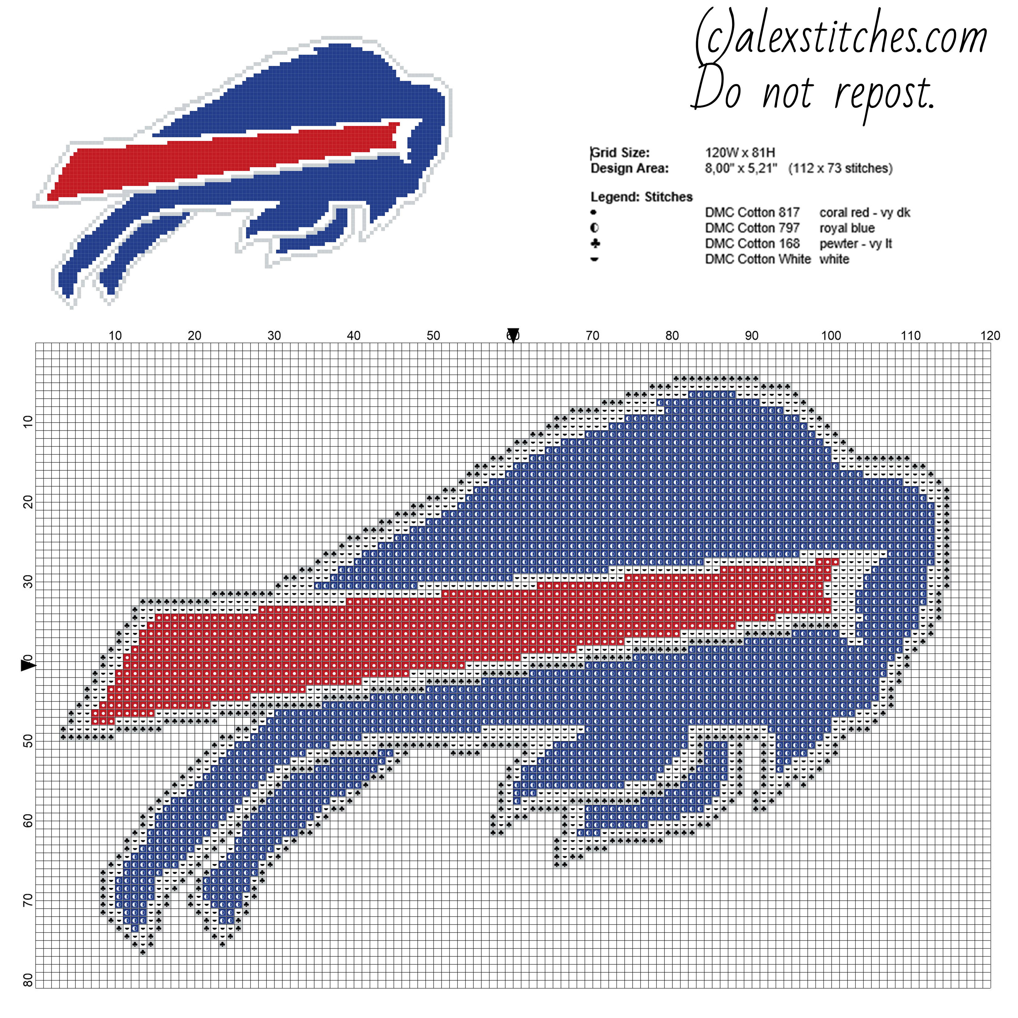 Buffalo Bills National Football League NFL team free cross stitch pattern 112 x 73 stitches 4 DMC threads colors