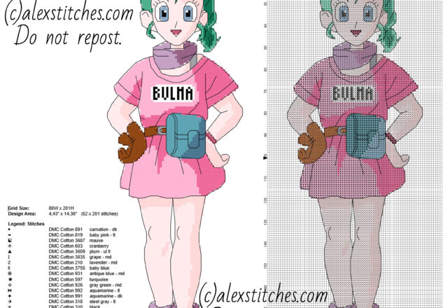 Bulma Dragon Ball manga anime character free cross stitch pattern big size