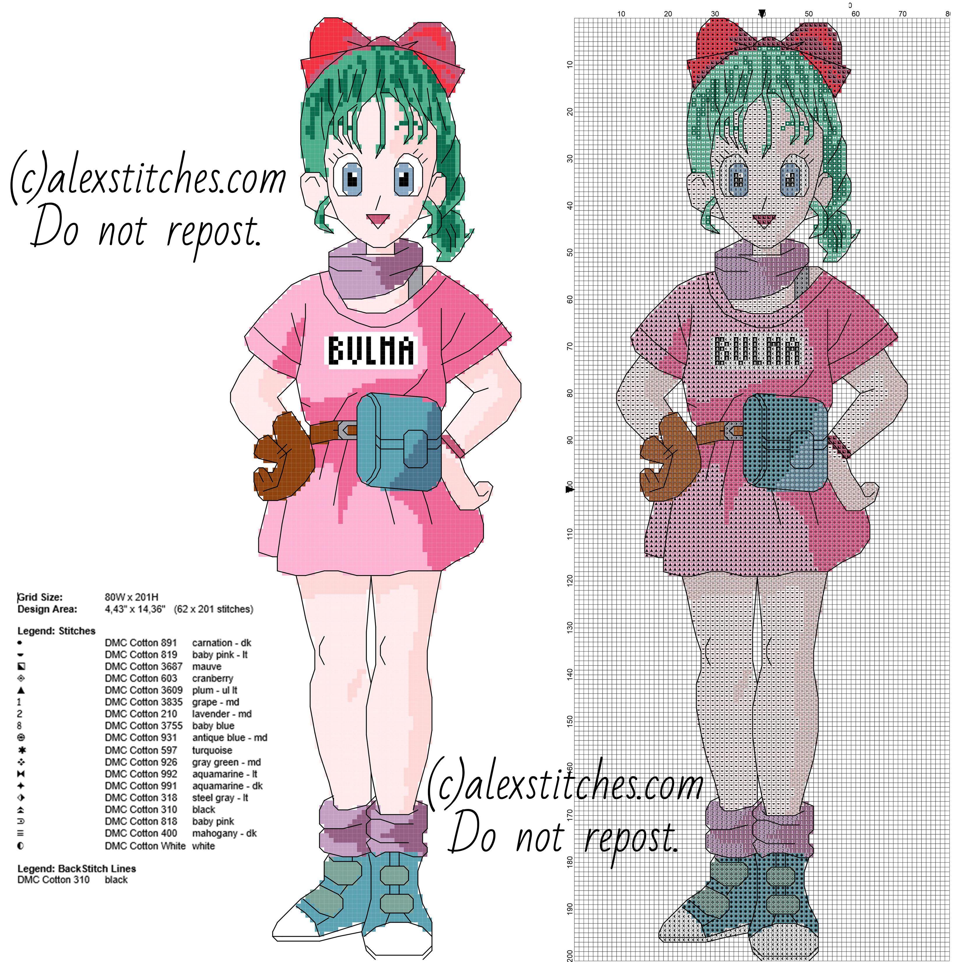 Bulma Dragon Ball manga anime character free cross stitch pattern big size