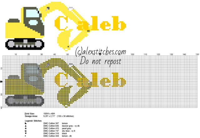 Caleb cross stitch baby male name with excavator
