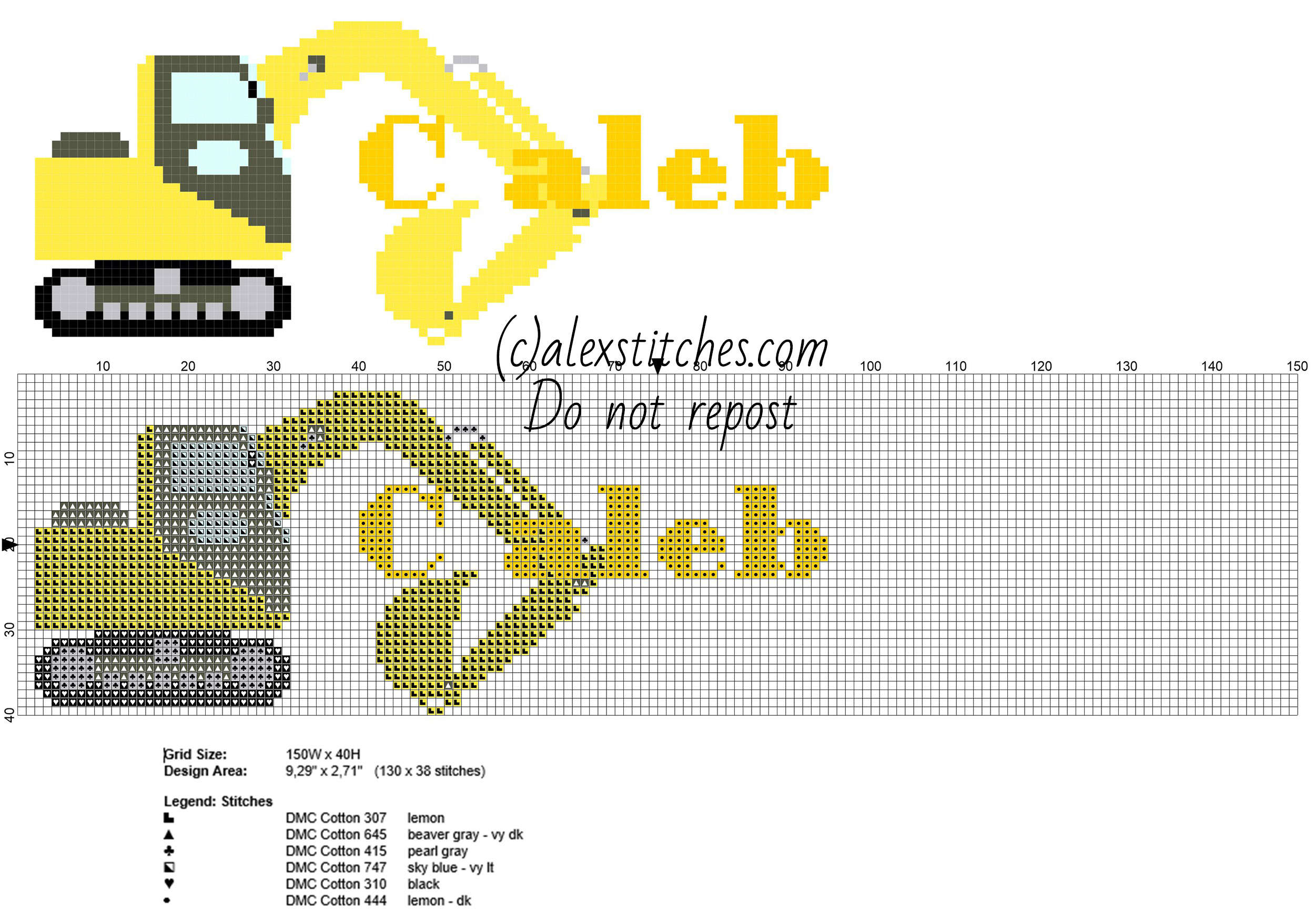 Caleb cross stitch baby male name with excavator