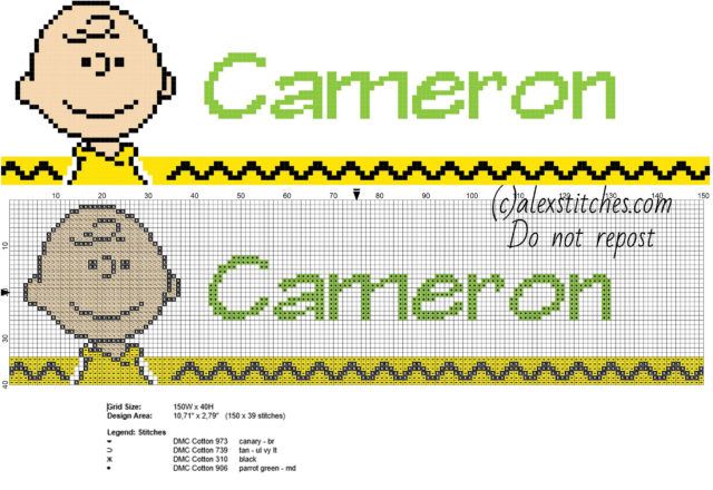 Cameron cross stitch baby male name with Peanuts cartoon Charlie Brown