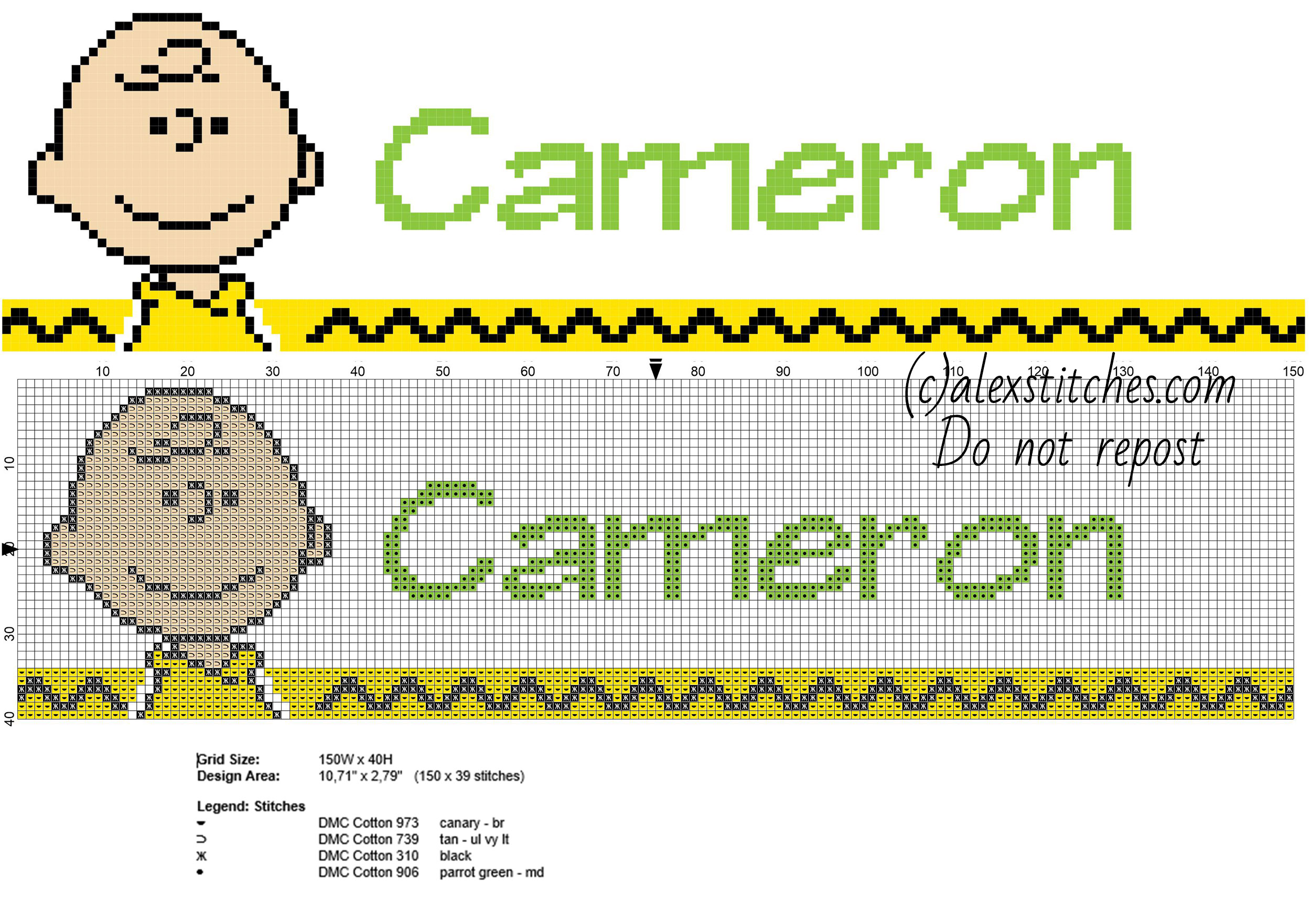 Cameron cross stitch baby male name with Peanuts cartoon Charlie Brown