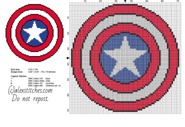 Captain America Superhero shield logo cross stitch pattern 70 x 70 4 colors