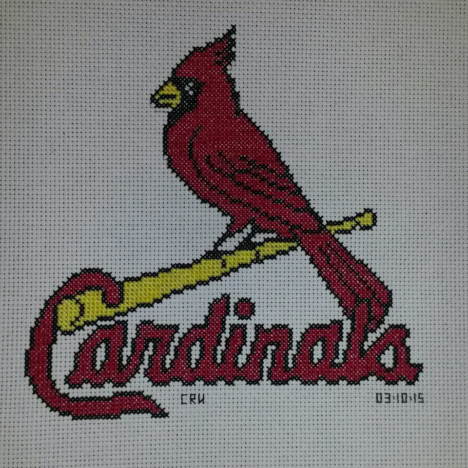 Cardinals Team logo cross stitch work author Facebook User Carrie Renae Uetz