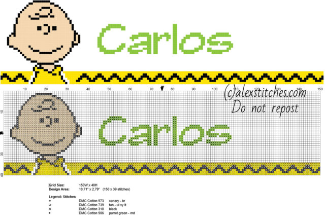 Carlos cross stitch baby male name with Charlie Brown character from Charlie Brown cartoons