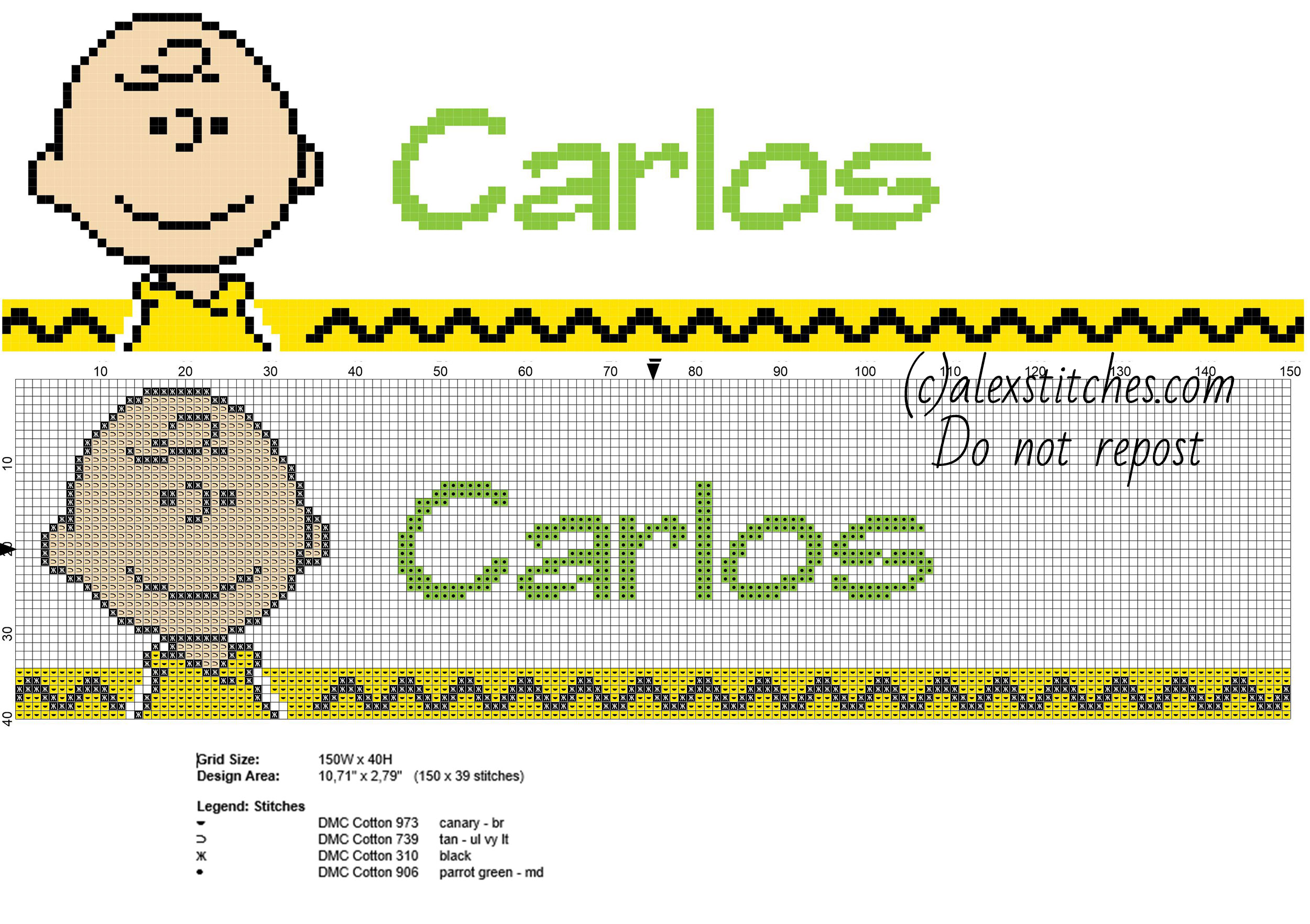 Carlos cross stitch baby male name with Charlie Brown character from Charlie Brown cartoons