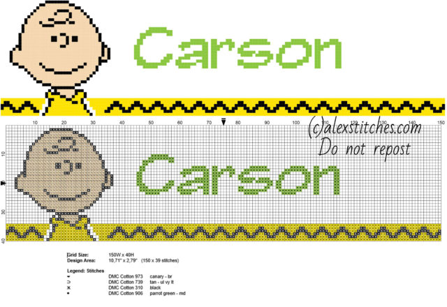 Carson cross stitch baby male name with Peanust Charlie Brown
